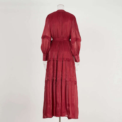Women's V-neck Lantern Sleeve Fitted Waist Pleated Long Silk Dress with Belt