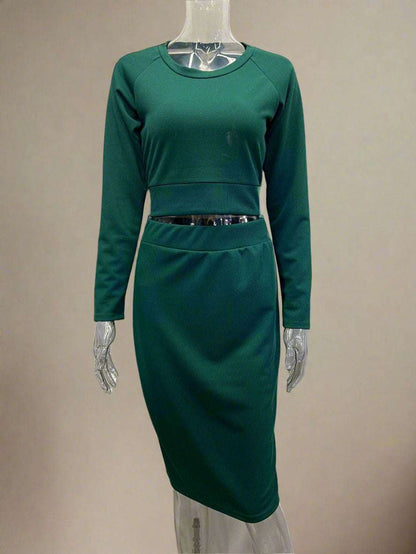 Women's Midi Length Skirt and Long Sleeve Top Two-piece Outfit Set - ChoreGirl