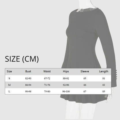 Black dress on a mannequin with size chart displayed