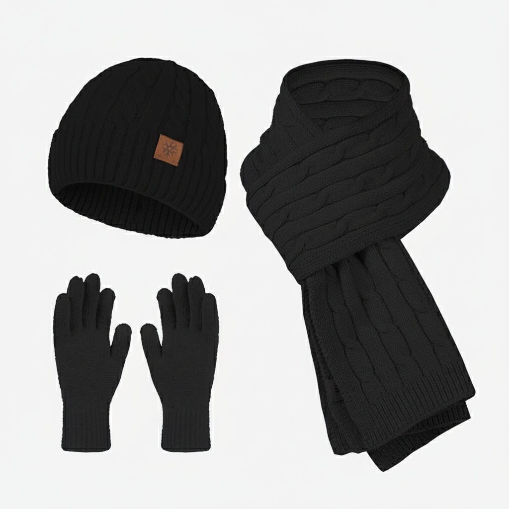Black knit hat, scarf, and gloves set on a light gray background