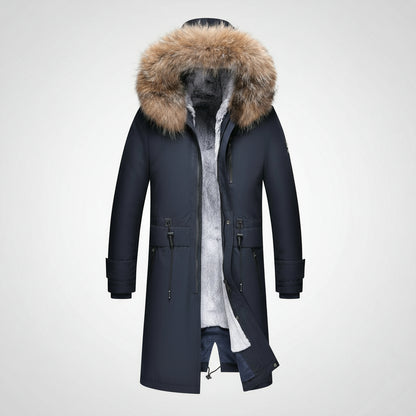 Blue grey winter coat with fur-lined hood on a white background