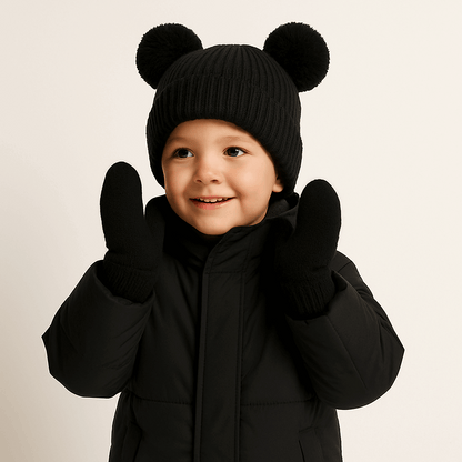 Child wearing a black coat, hat with bear ears, and gloves on a beige background