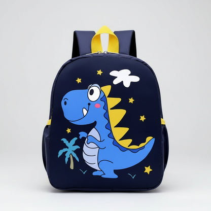 Children's backpack with a blue dinosaur design on a white background