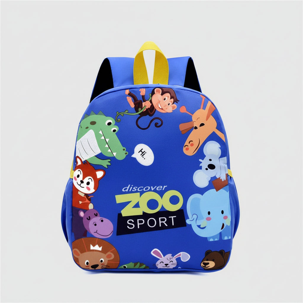 Children's backpack with animal illustrations on a blue background