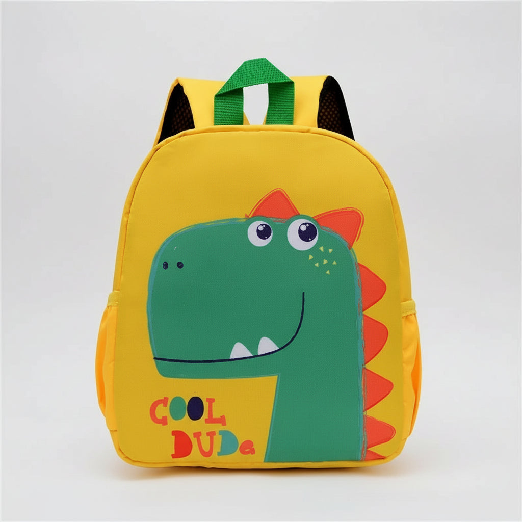 Children's backpack with dinosaur design and 'Cool Dude' text on a white background