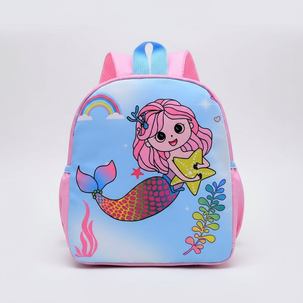Children's backpack with mermaid design on a white background