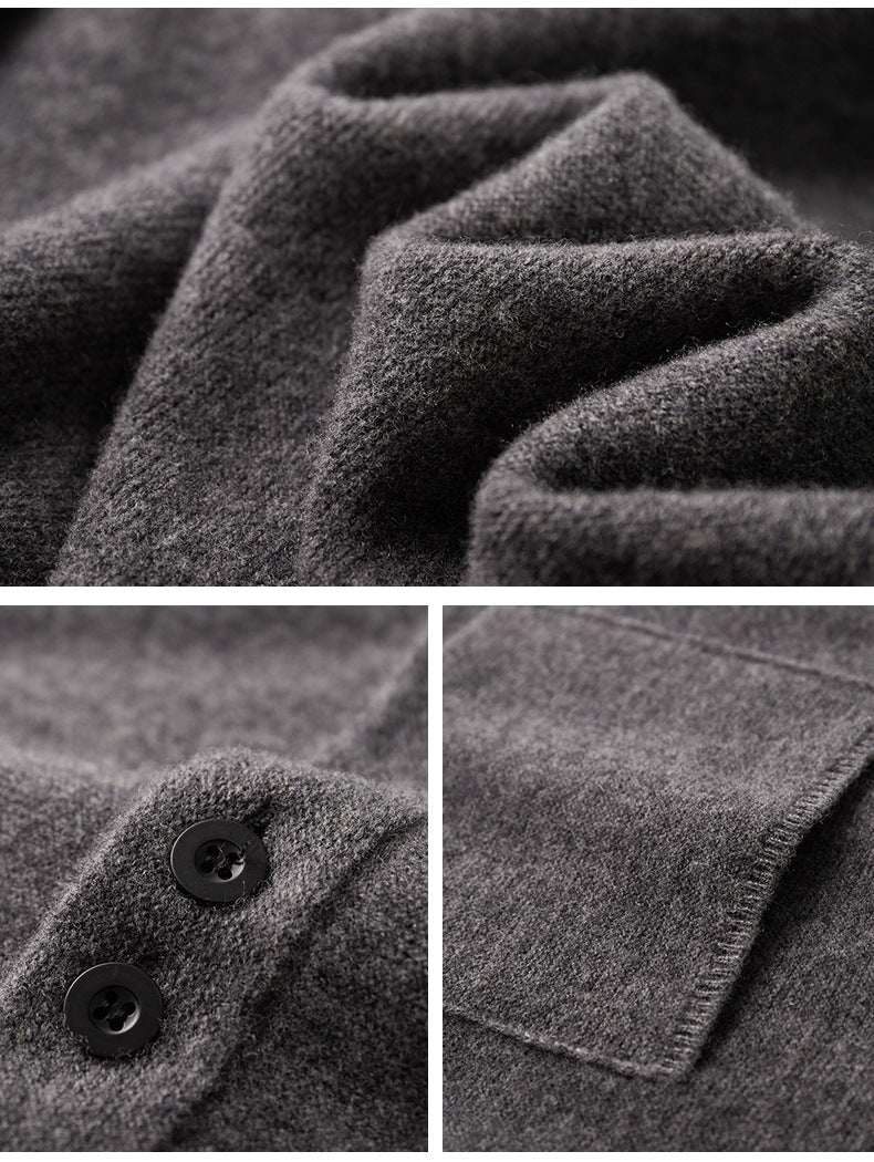 Close-up details of a gray textured fabric with buttons and stitching.