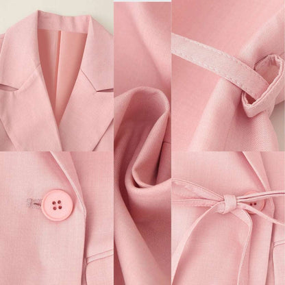 Collage of a pink blazer with close-up details on a light background