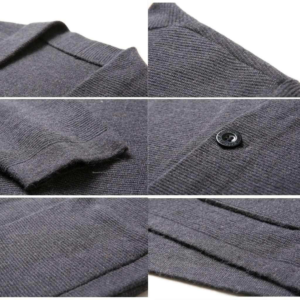 Collage of close-up details of a gray sweater