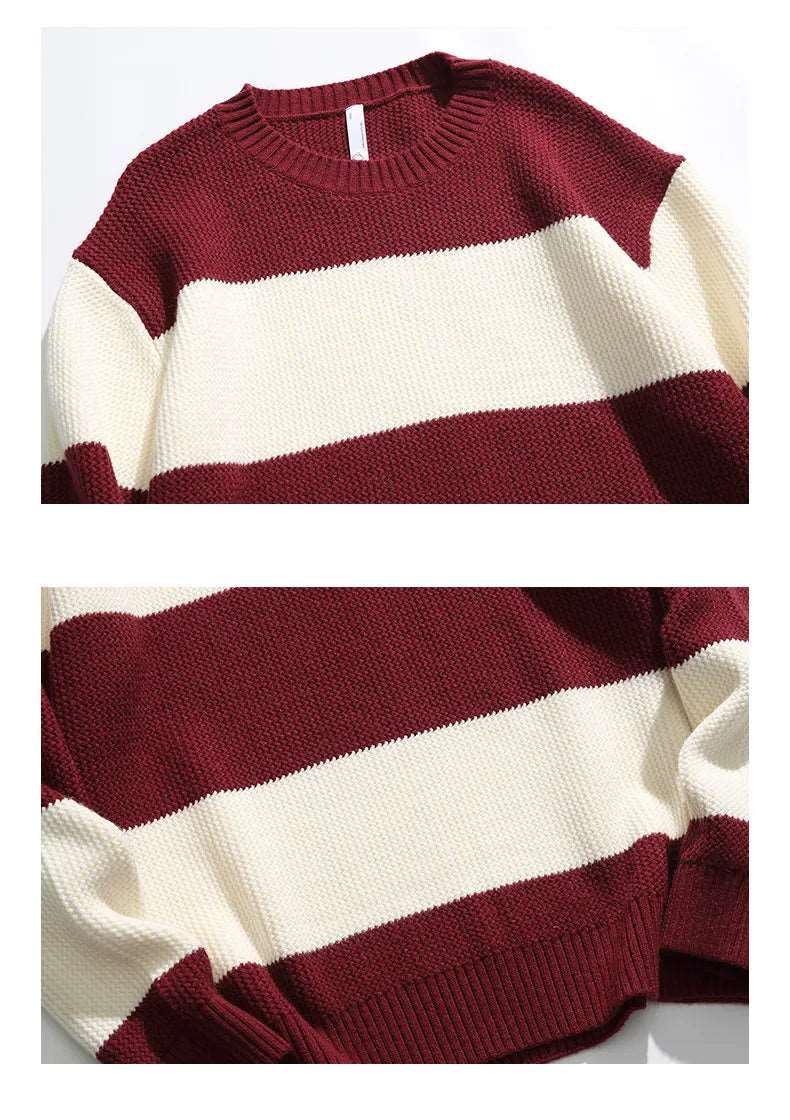 Couples Matching Loose Round Neck Striped Knitted Sweater - ChoreGirl