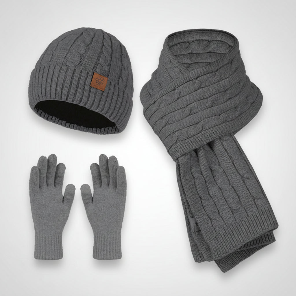 Gray knit hat, scarf, and gloves set on a white background
