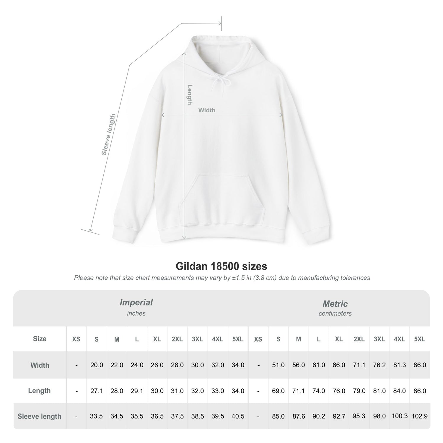 Gildan 18500 size chart