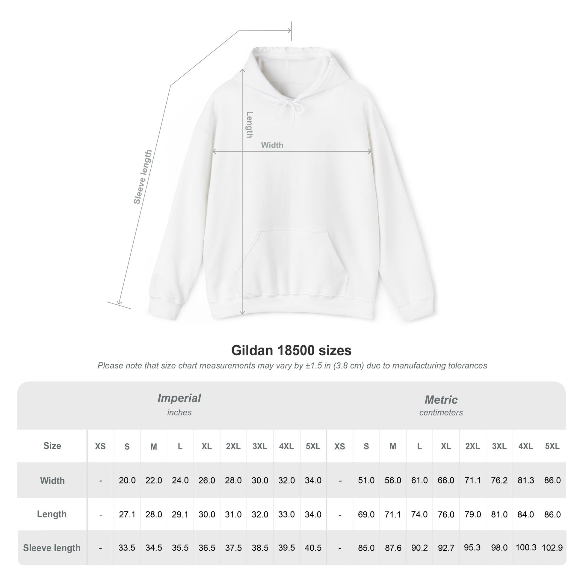 White hoodie with size chart on a white background
