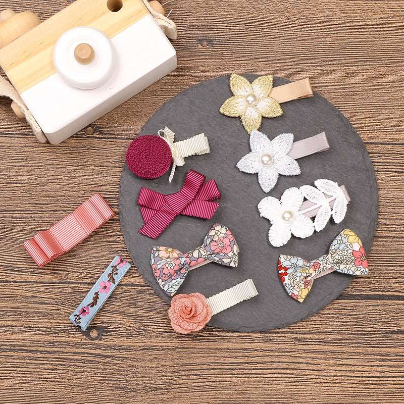 Girls Flower Bow Tie Lace Pearl Barrettes Hair Accessories Set - ChoreGirl