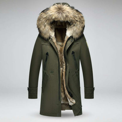 Green winter coat with fur-lined hood on a white background