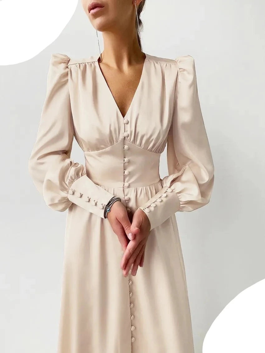 Women's Elegant Single Breasted High Waist Satin Long Dress - ChoreGirl
