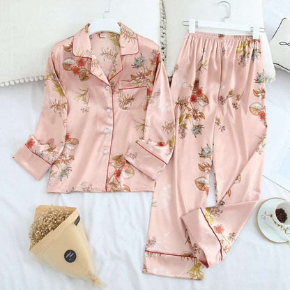 Women's Ice Silk Long Sleeved Shirt and Pants Pajamas Set - ChoreGirl