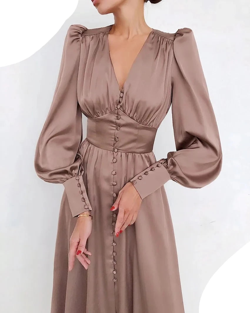 Women's Elegant Single Breasted High Waist Satin Long Dress - ChoreGirl