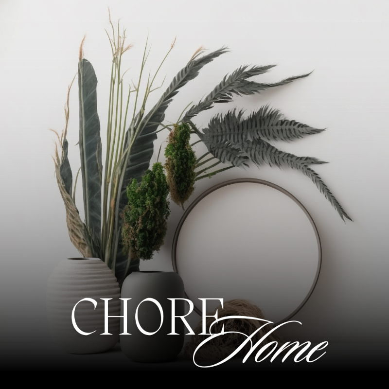 Decorative arrangement of plants and a circular mirror with 'Chore Home' branding.