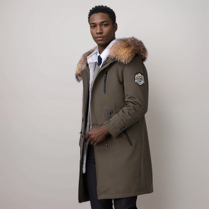 Man wearing a long brown coat with fur hood against a plain background
