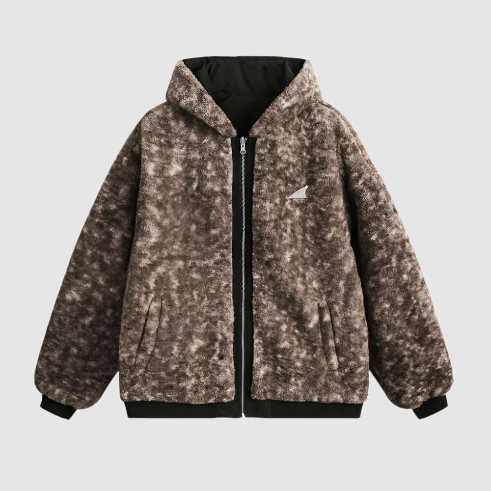 Men's Imitation Fur Leopard Print Double-sided Wear Cotton Coat Jacket with Hood - ChoreGirl