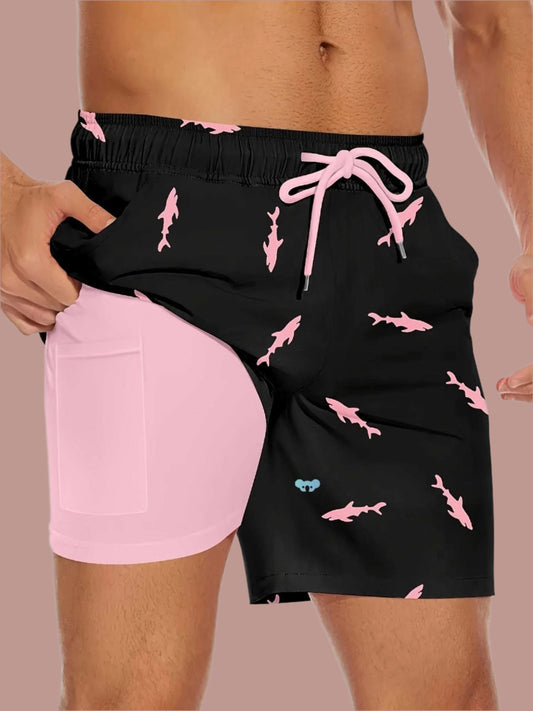 Men's Shark Figure Quick Dry Beach Swimming Shorts With Drawstring, Compression Liner and Zipper Pockets - ChoreGirl