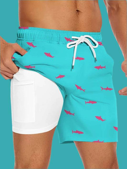 Men's Shark Figure Quick Dry Beach Swimming Shorts With Drawstring, Compression Liner and Zipper Pockets - ChoreGirl