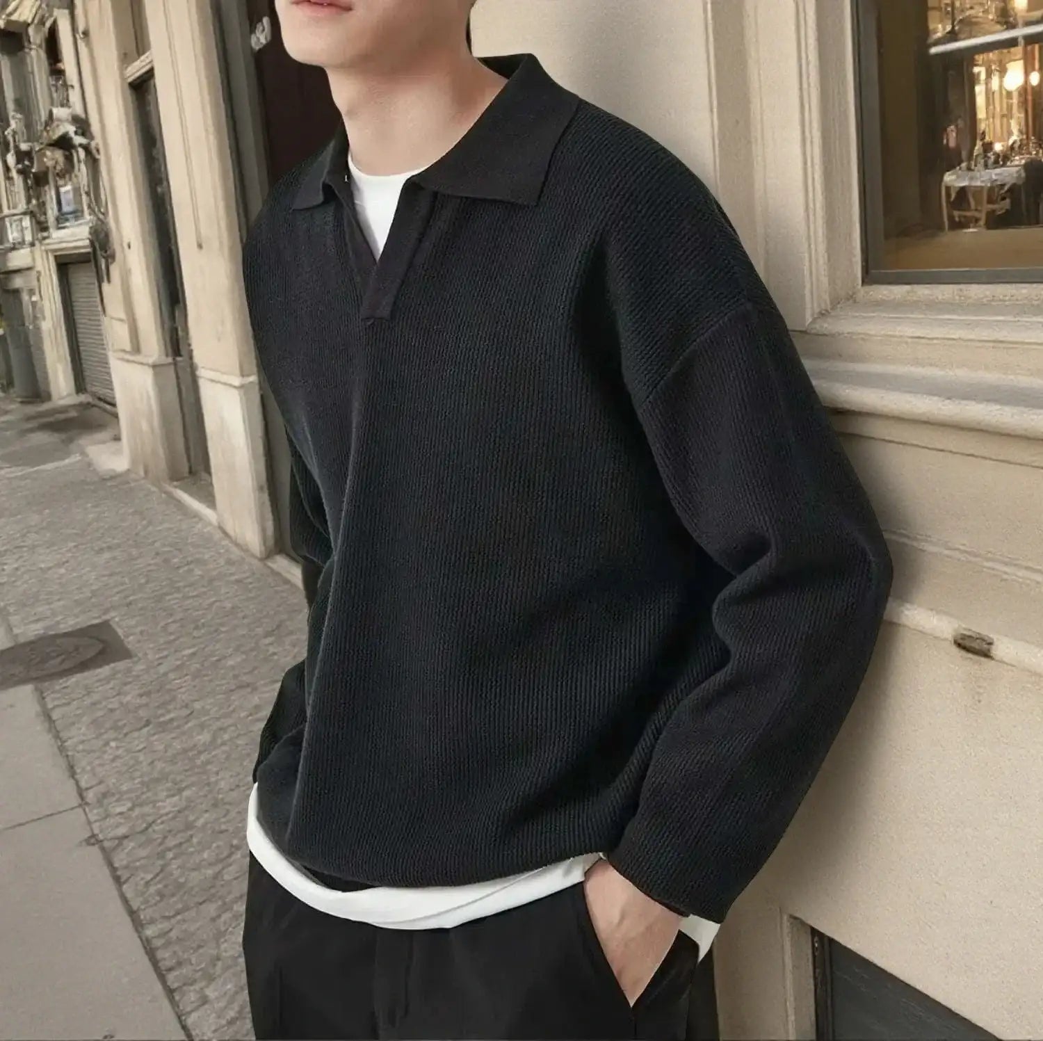Men's Solid Color Loose Long Sleeves Polo Sweater