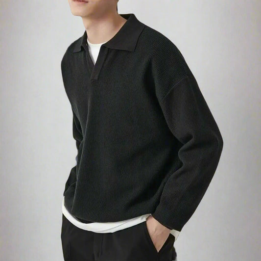Men's Solid Color Loose Long Sleeves Polo Sweater