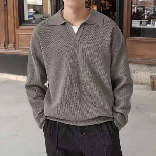 Men's Solid Color Loose Long Sleeves Polo Sweater