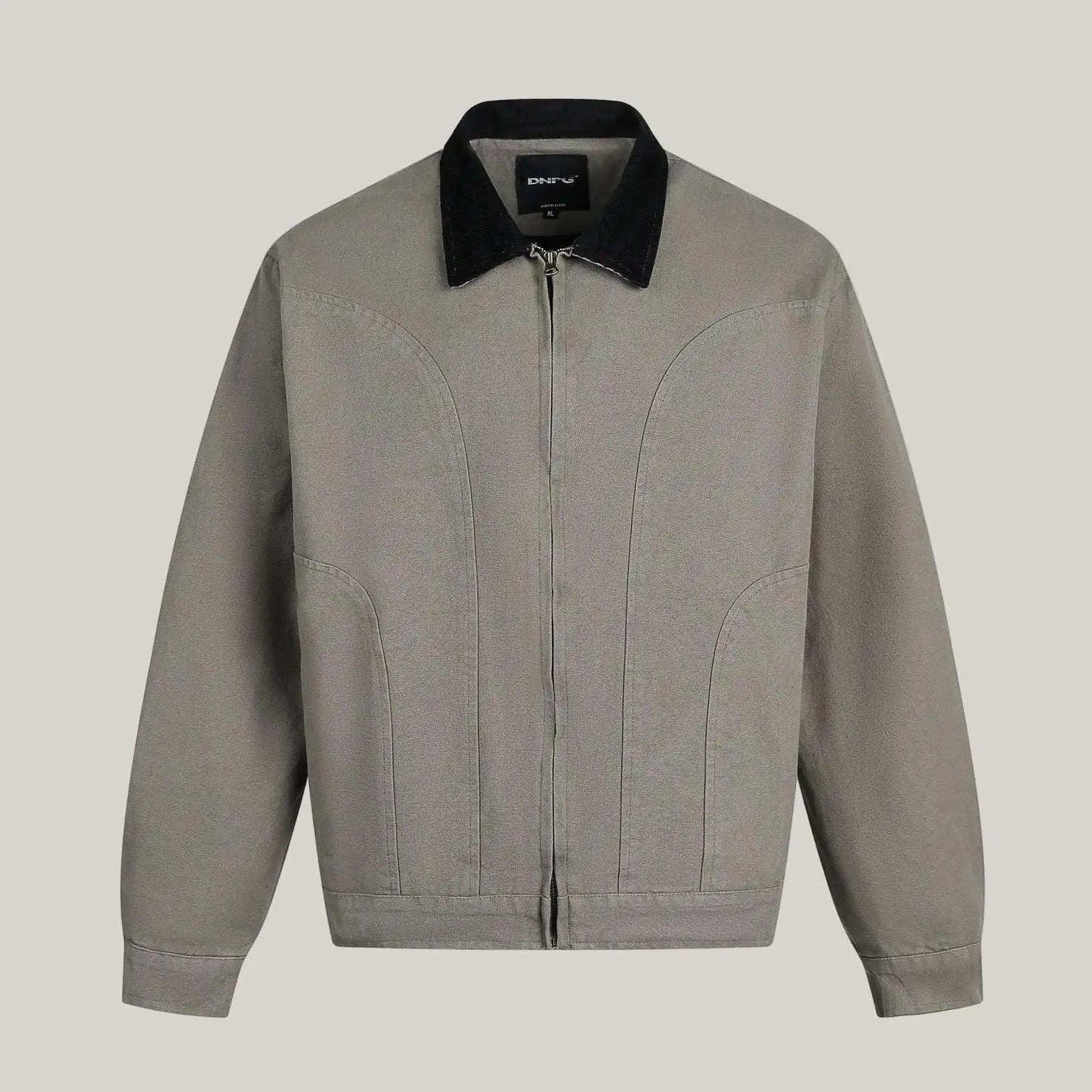 Gray jacket with black collar on a light gray background