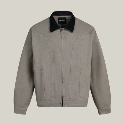 Gray jacket with black collar on a light gray background