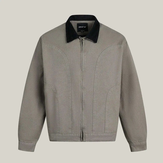 Gray jacket with black collar on a light gray background