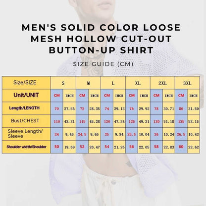 Men's Solid Color Loose Mesh Hollow Cut-Out Button-up Shirt - ChoreGirl