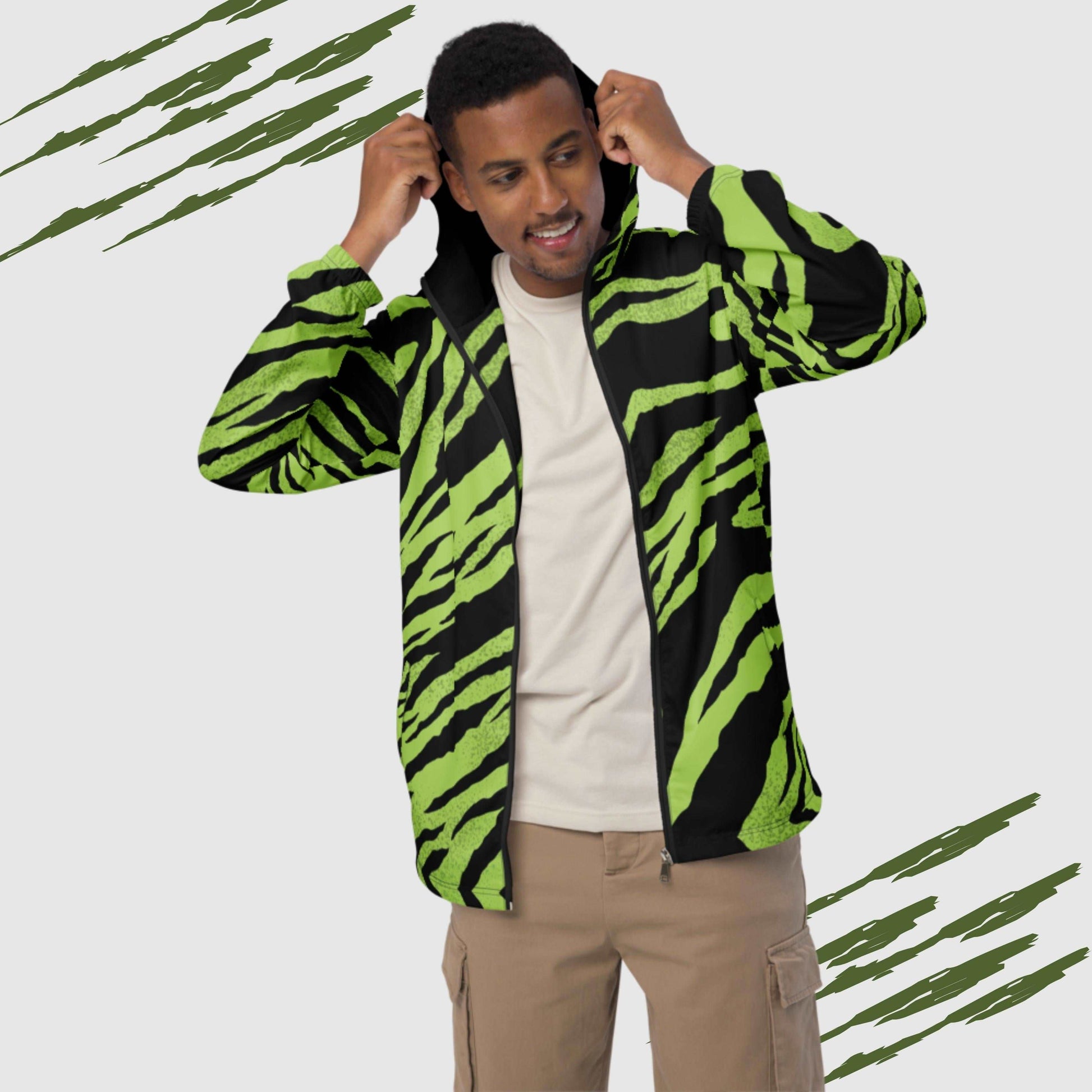 Custom Men’s Green Tiger Pattern Windbreaker Jacket | PERSONALIZED - ChoreGirl