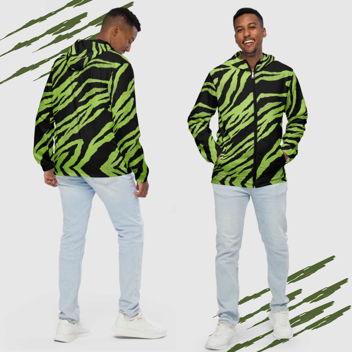 Custom Men’s Green Tiger Pattern Windbreaker Jacket | PERSONALIZED - ChoreGirl
