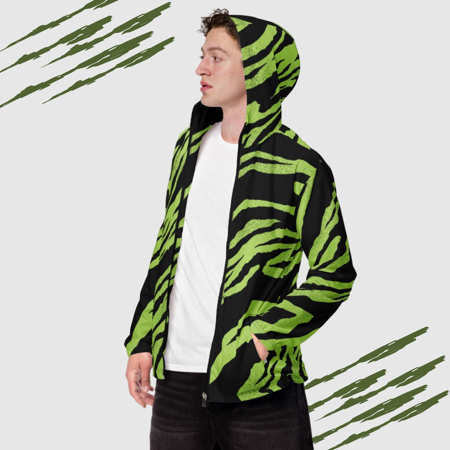 Custom Men’s Green Tiger Pattern Windbreaker Jacket | PERSONALIZED - ChoreGirl