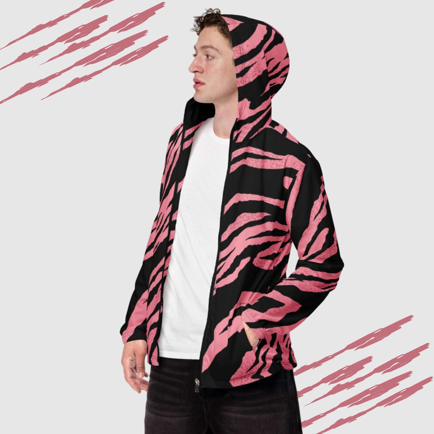 Custom Men’s Pink Tiger Pattern Windbreaker Jacket | PERSONALIZED - ChoreGirl