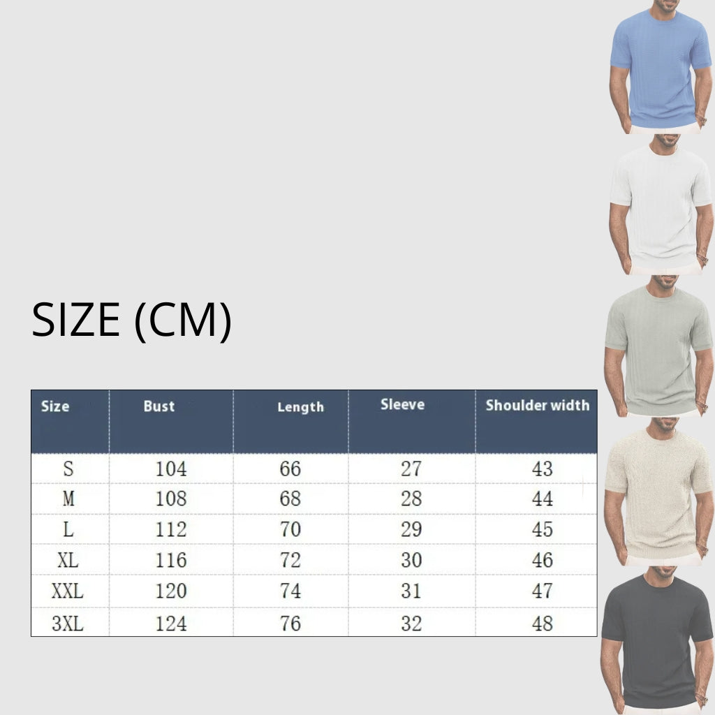 Size chart for shirts with measurements in centimeters and models wearing shirts of different sizes.