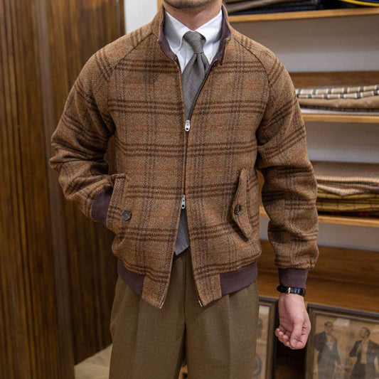 Men's Wool Slim-Fit Stand Collar Plaid Coat - ChoreGirl