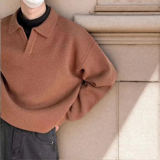 Men's Solid Color Loose Long Sleeves Polo Sweater