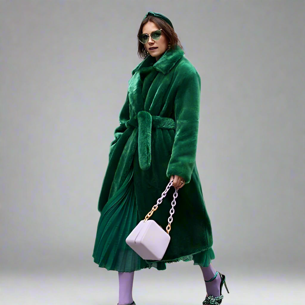 Model wearing a green robe holding a white bag on a white background