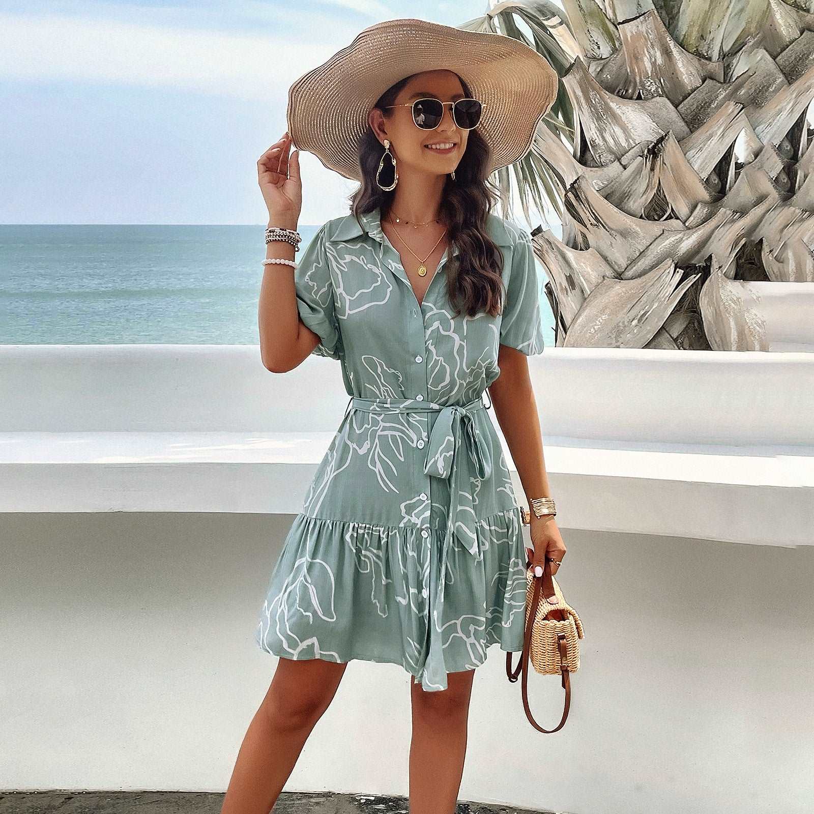 Women's Elegant Printed Short Sleeve Dress - ChoreGirl