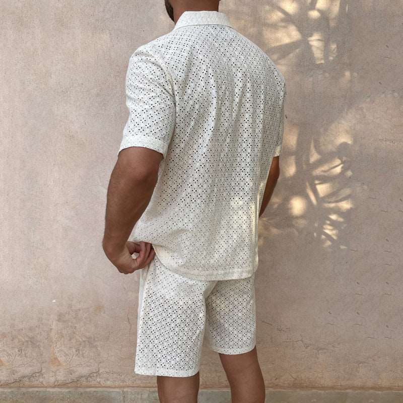 Men's Crochet Short Sleeved Shirt and Shorts Two-piece Outfit Set - ChoreGirl