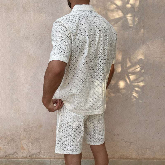 Men's Crochet Short Sleeved Shirt and Shorts Two-piece Outfit Set - ChoreGirl