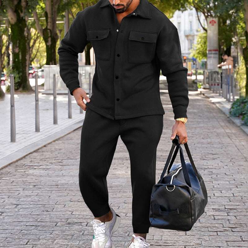 Men's Suede Single-breasted Solid Color Slim Fit Short Sleeved Shirt and Pants Two-piece Outfit Set - ChoreGirl
