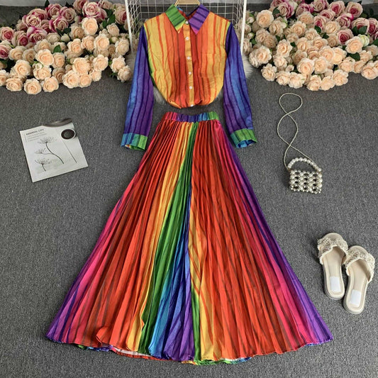 Women's Long Sleeve Stand Collar Single-breasted Shirt and High Waist Skirt Two-piece Outfit Set - ChoreGirl