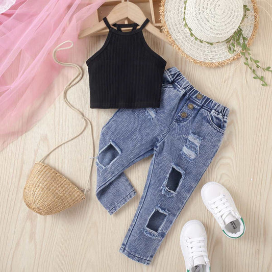Baby Girl Solid Color Sleeveless Top and Denim Trousers Two-piece Outfit Set - ChoreGirl
