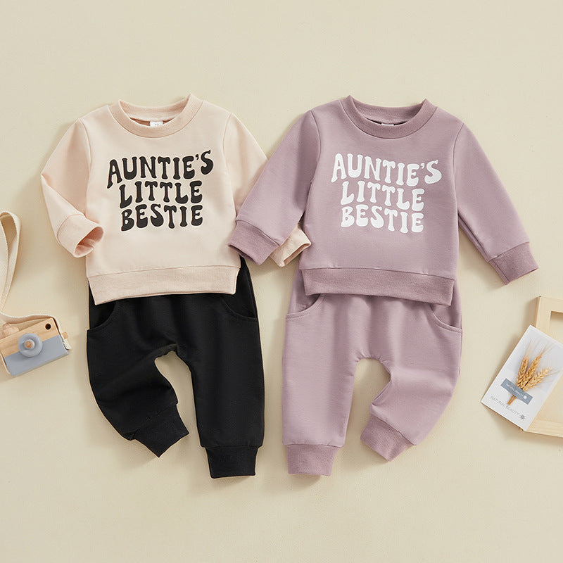 Baby Auntie's Little Bestie Print Long-sleeved Sweatshirt and Pants Two-piece Outfit Set - ChoreGirl