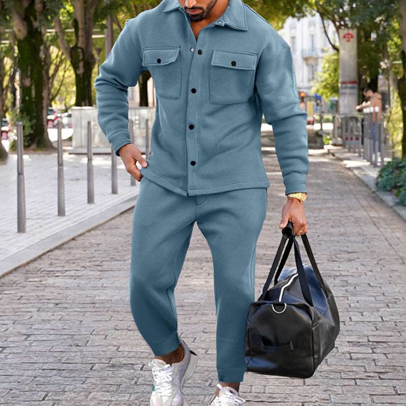 Men's Suede Single-breasted Solid Color Slim Fit Short Sleeved Shirt and Pants Two-piece Outfit Set - ChoreGirl